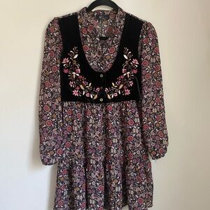 Embroidered Velvet Floral Ruffle Black Mini Dress 16 Girl’s Bohemian Dark Folk